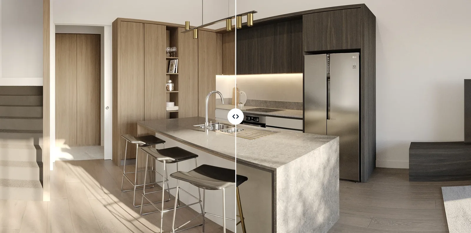 The same kitchen in a light and a dark scheme, split by a slider