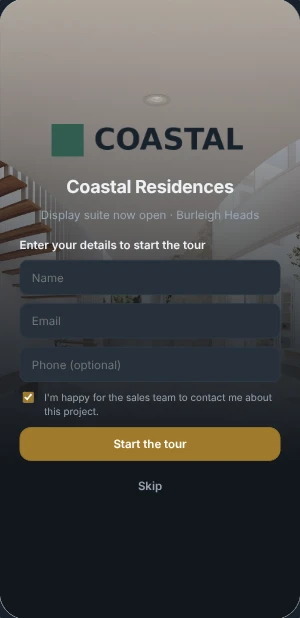 A tour opening on a phone in a developer’s dark brand